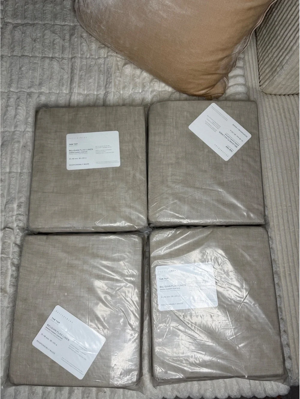 Set of 4 Pottery Barn Belgian Flax Linen Sheer Curtain Panels, 4-Pack, Tan